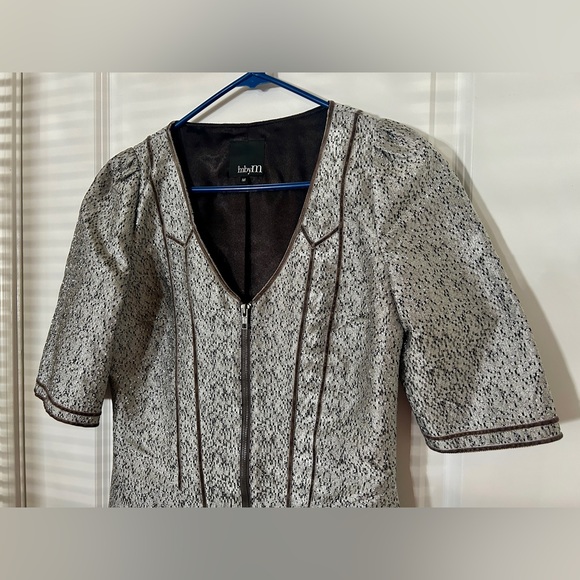 Silver Metallic Zipper Cocktail Party Dress with Puff Sleeves - Picture 2 of 4